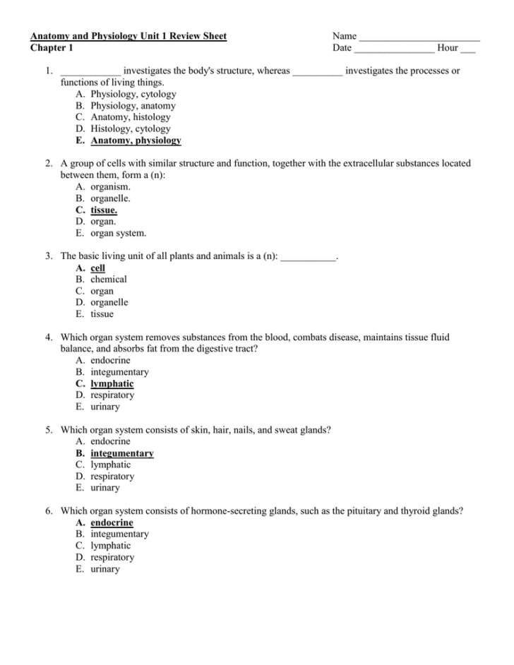 Anatomy And Physiology Chapter 1 Worksheet