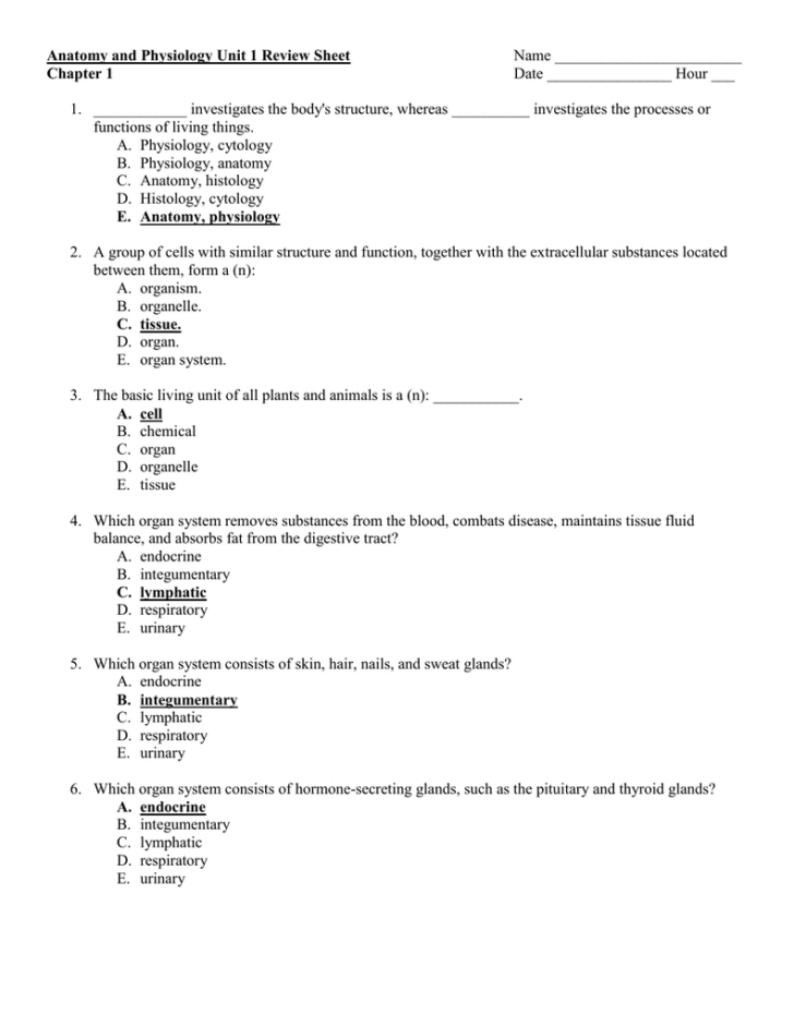 Intro To Anatomy And Physiology Worksheet