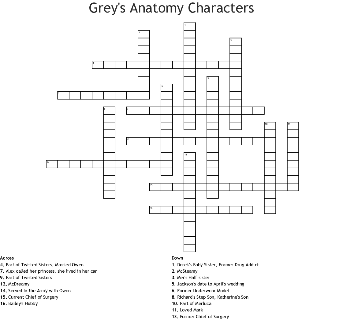 Grey s Anatomy Crossword Puzzle Printable Anatomy Worksheets