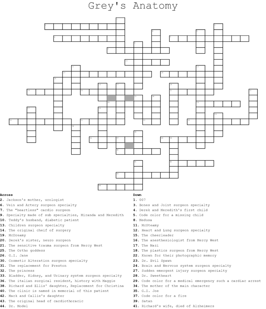 Grey S Anatomy Crossword WordMint Anatomy Worksheets