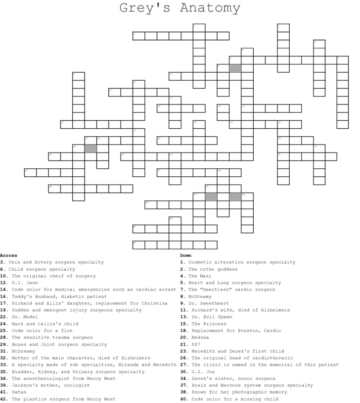 Grey’s Anatomy Crossword Puzzle Printable