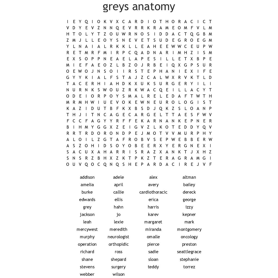 Grey s Anatomy Word Search WordMint