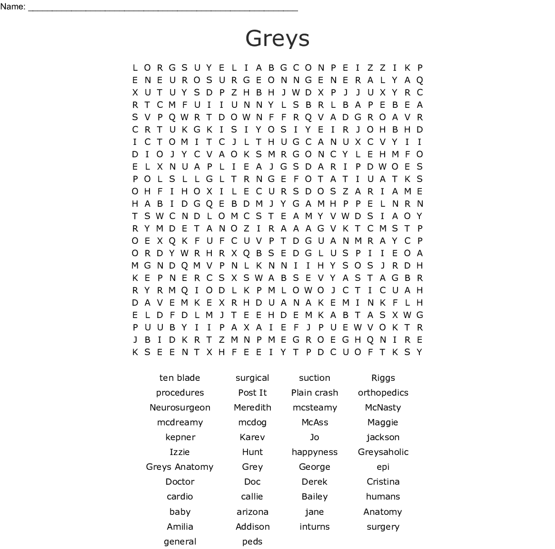 Greys Anatomy Word Search WordMint