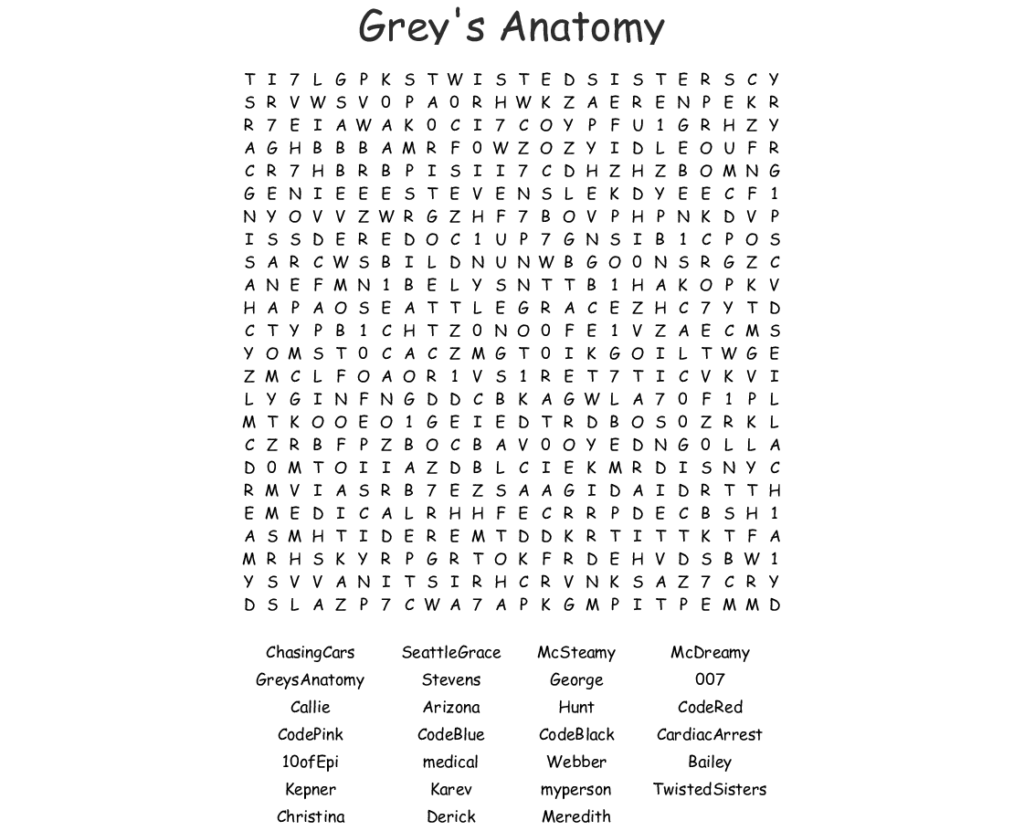 Greys Anatomy Word Search WordMint | Anatomy Worksheets