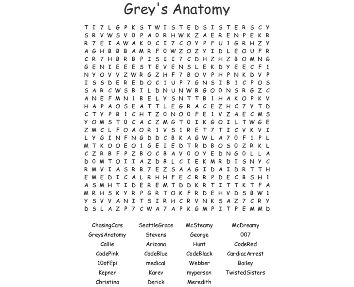 Greys Anatomy Word Search WordMint | Anatomy Worksheets