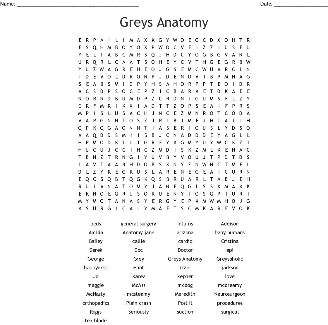 Grey s Anatomy Word Search Puzzles Printable Anatomy Worksheets