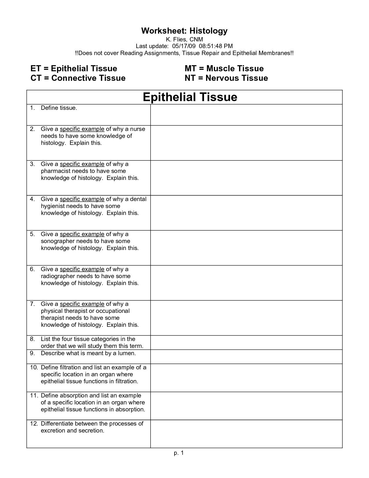 Tissue Worksheet Anatomy Answer Key Anatomy Worksheets