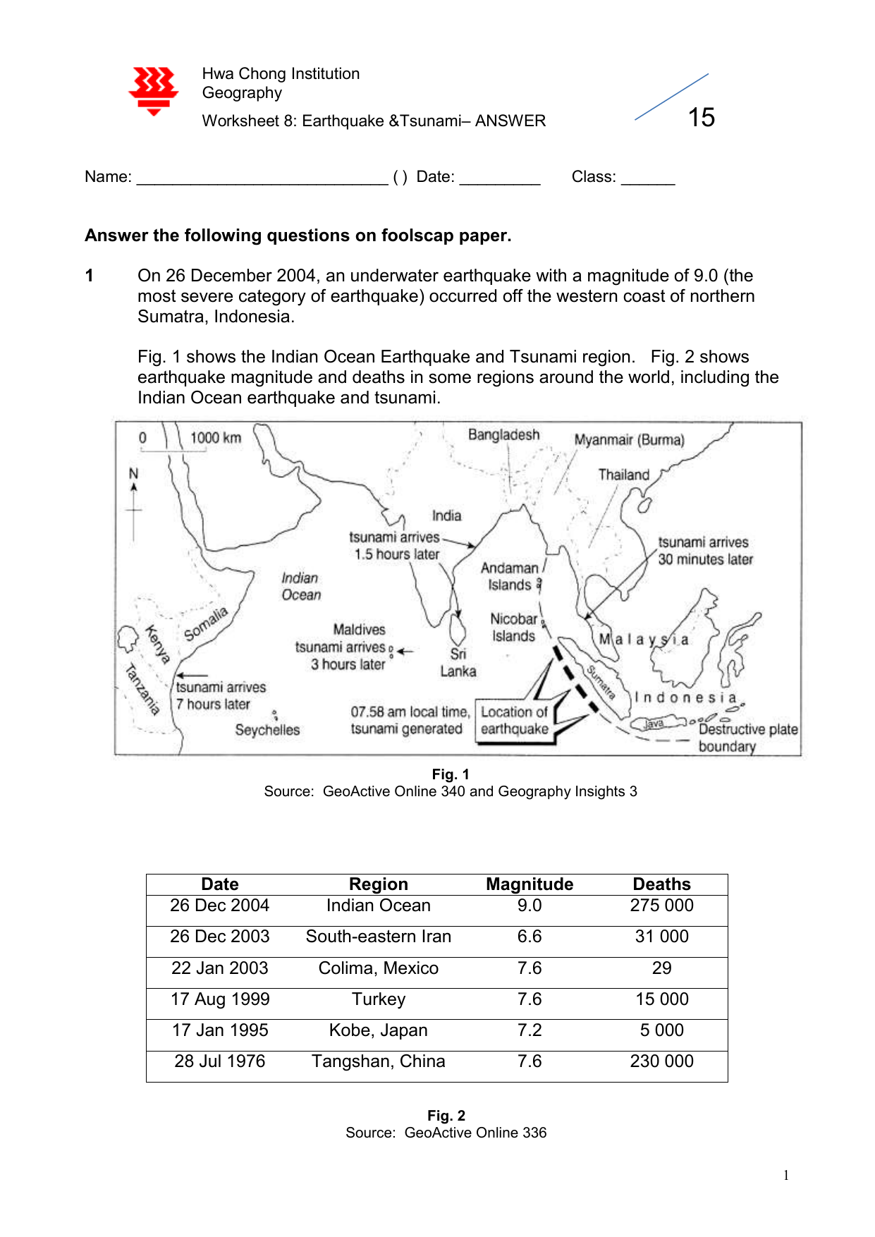 Worksheet 8 ANSWER Earthquake 2015 Sec3 Geog