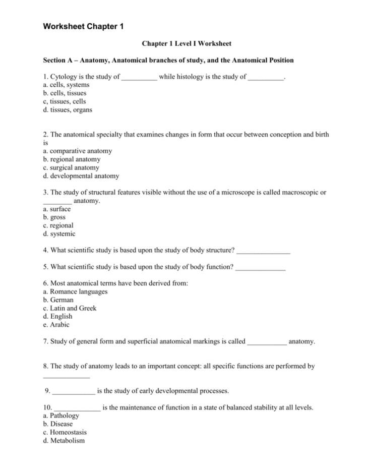 Anatomy And Physiology 1 Worksheets Anatomy Worksheets